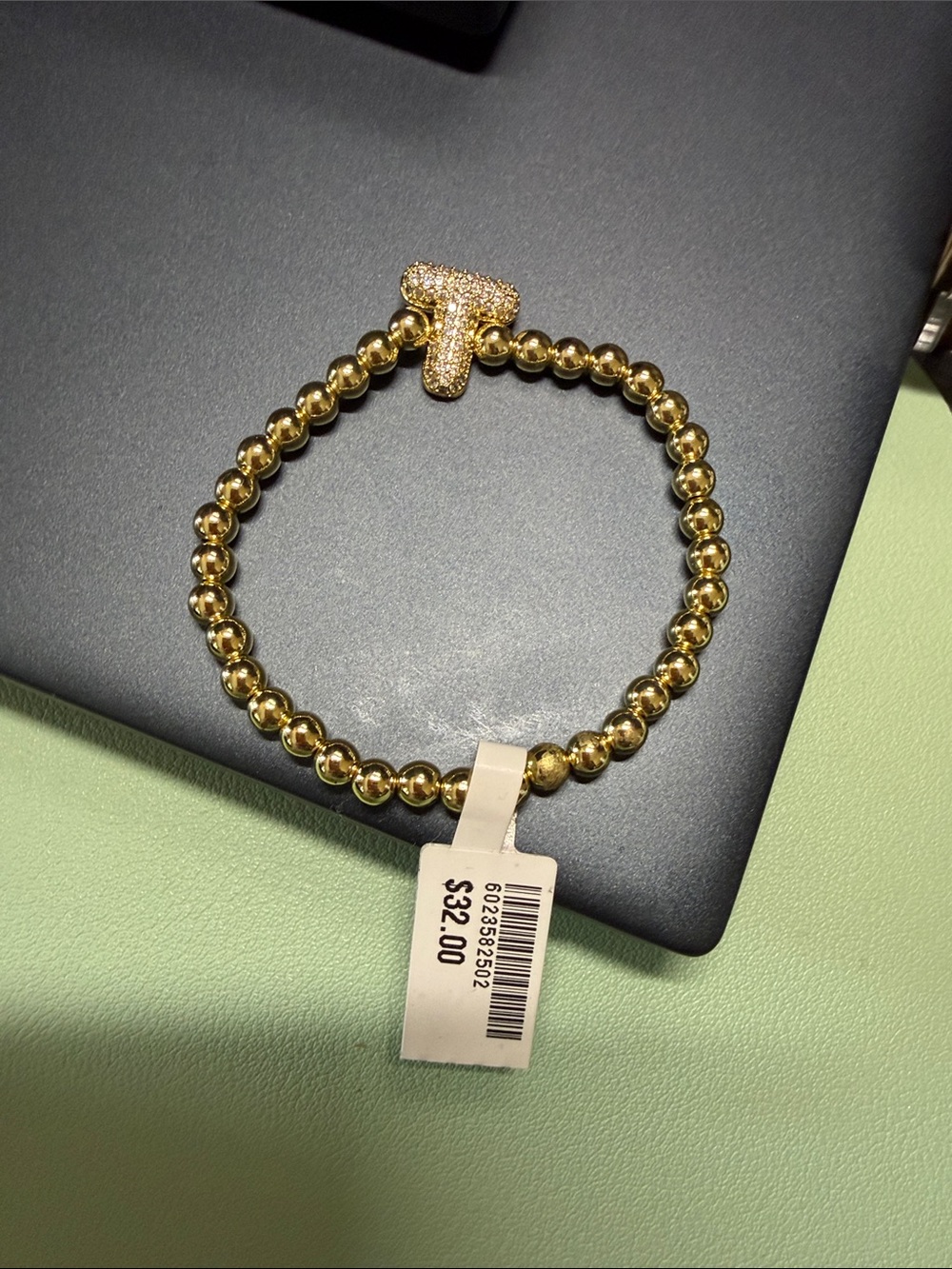 Zoe Belle Gold Beaded Stretch Bracelet with Pavé 'T" Initial Charm